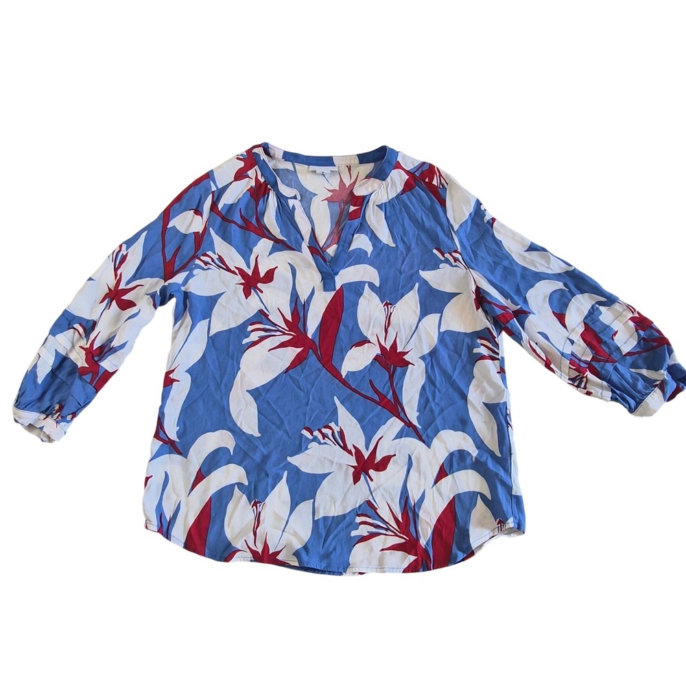 Liz Claiborne Womens Blue Floral Viscose V-Neck Blouse Size M 3/4 Sleeve Top